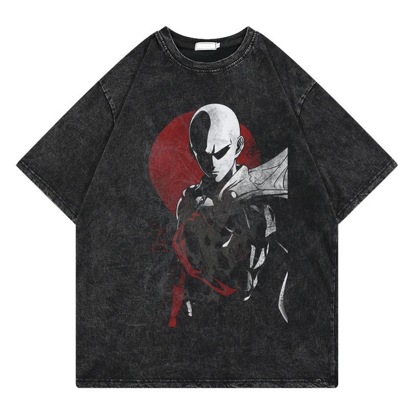 One Punch Man Anime Print T-Shirt Summer Cotton Washed Vintage Short Sleeve Top