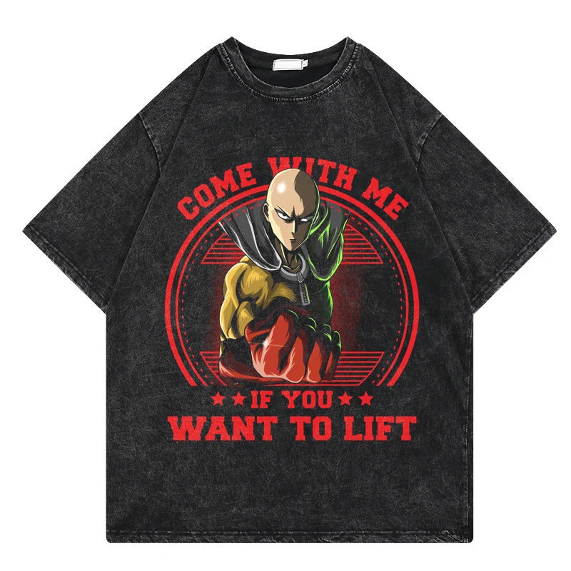 One Punch Man Anime Print T-Shirt Summer Cotton Washed Vintage Short Sleeve Top