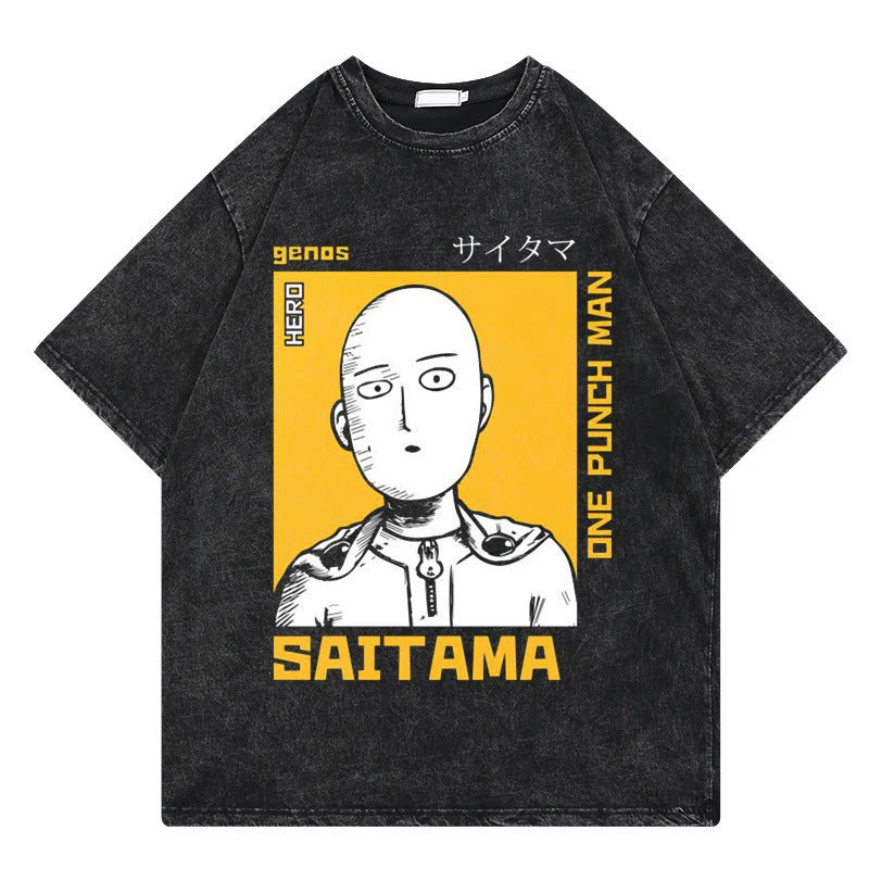 One Punch Man Anime Print T-Shirt Summer Cotton Washed Vintage Short Sleeve Top