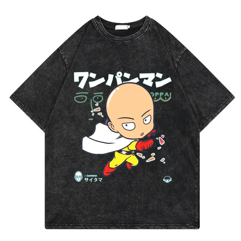 One Punch Man Anime Print T-Shirt Summer Cotton Washed Vintage Short Sleeve Top