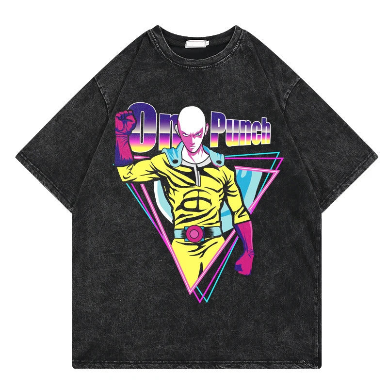 One Punch Man Anime Print T-Shirt Summer Cotton Washed Vintage Short Sleeve Top