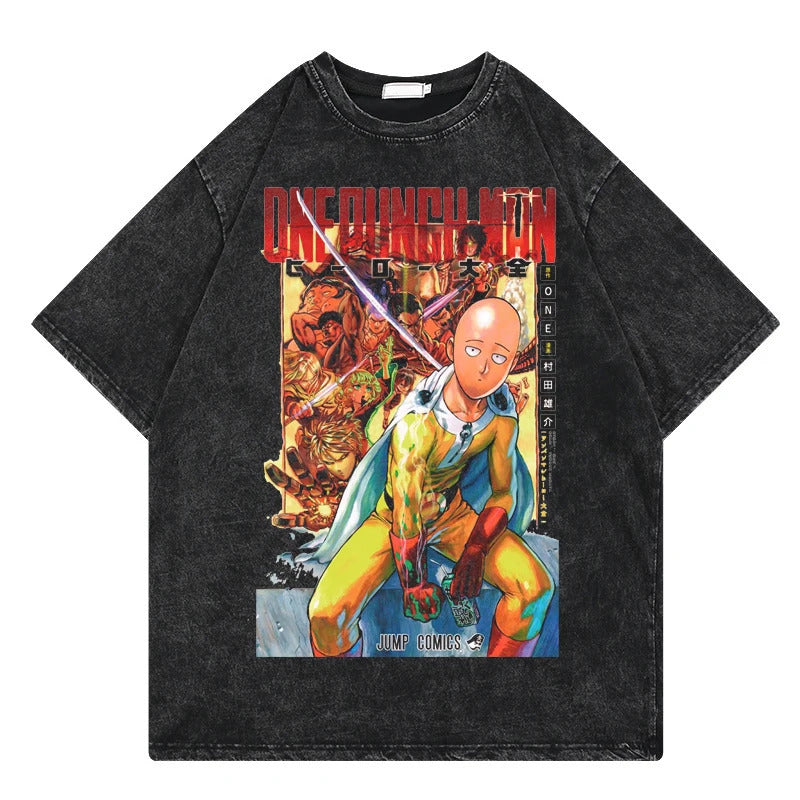 One Punch Man Anime Print T-Shirt Summer Cotton Washed Vintage Short Sleeve Top