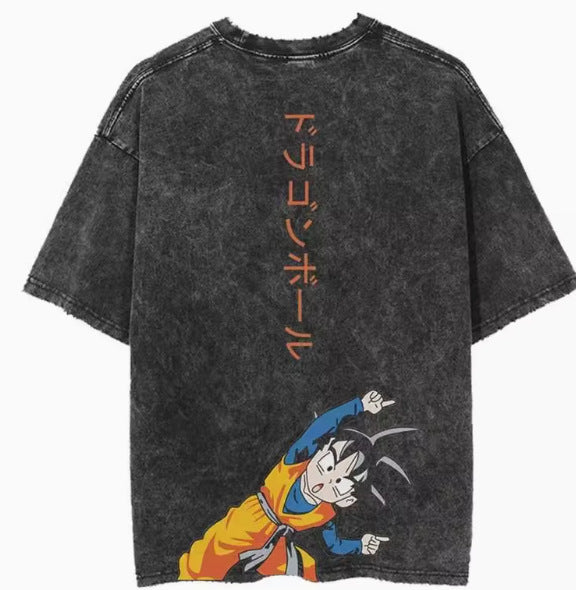 Washed and Distressed Five-Quarter Sleeve T-Shirt American Retro Anime Short Sleeve Tee