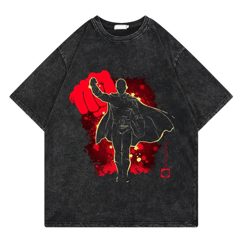 One Punch Man Anime Print T-Shirt Summer Cotton Washed Vintage Short Sleeve Top