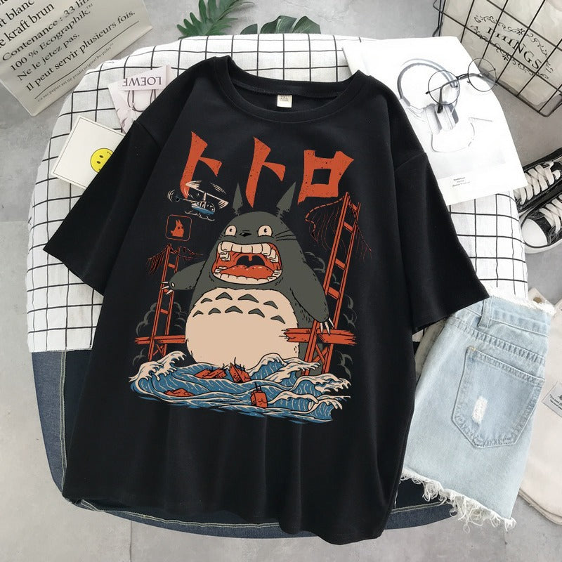 Totoro print loose men's and women's short sleeved Anime T-shirt