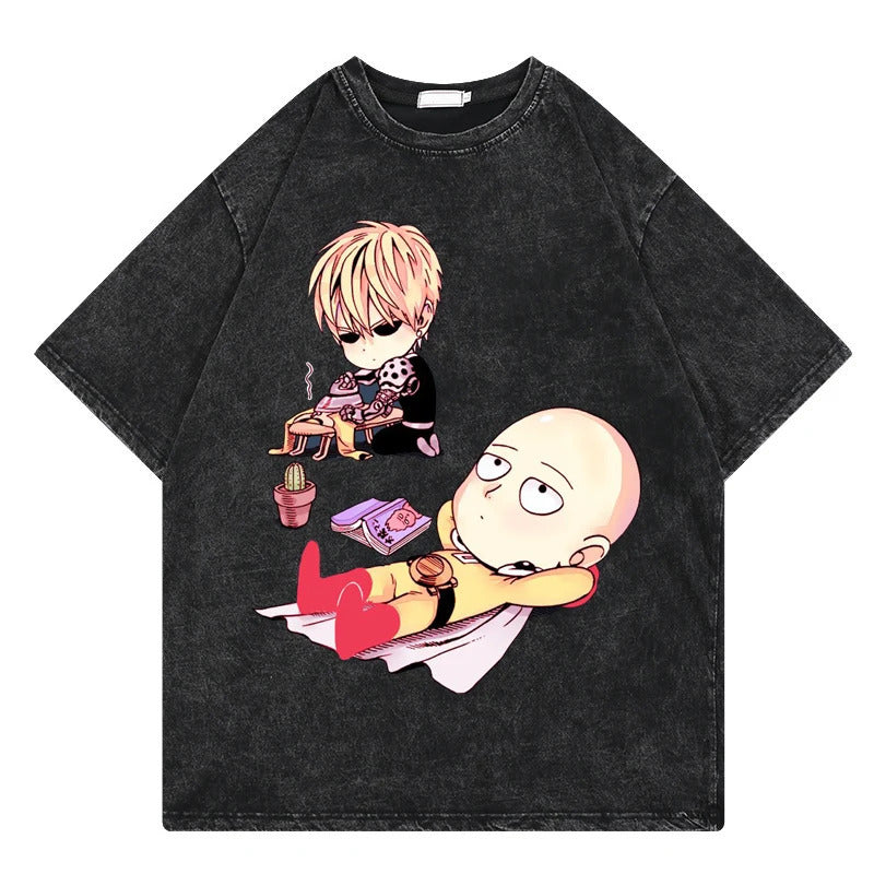 One Punch Man Anime Print T-Shirt Summer Cotton Washed Vintage Short Sleeve Top