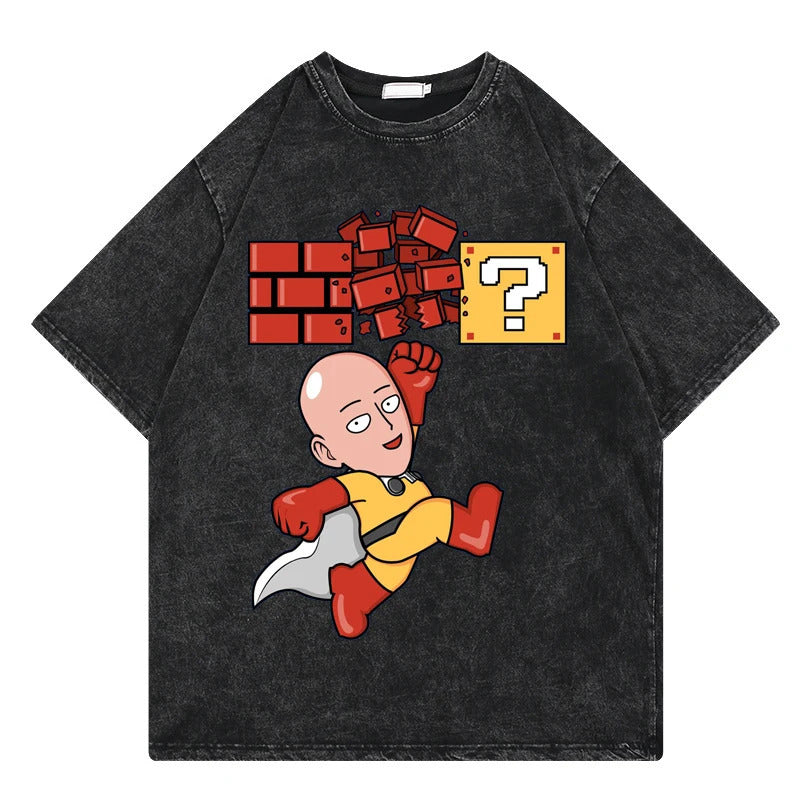 One Punch Man Anime Print T-Shirt Summer Cotton Washed Vintage Short Sleeve Top