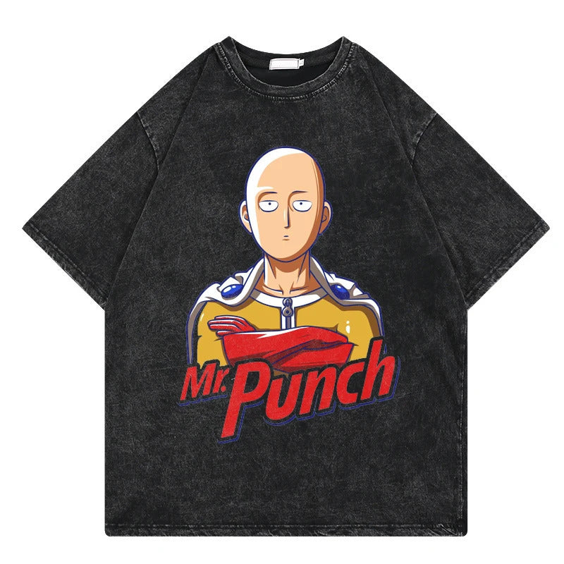 One Punch Man Anime Print T-Shirt Summer Cotton Washed Vintage Short Sleeve Top