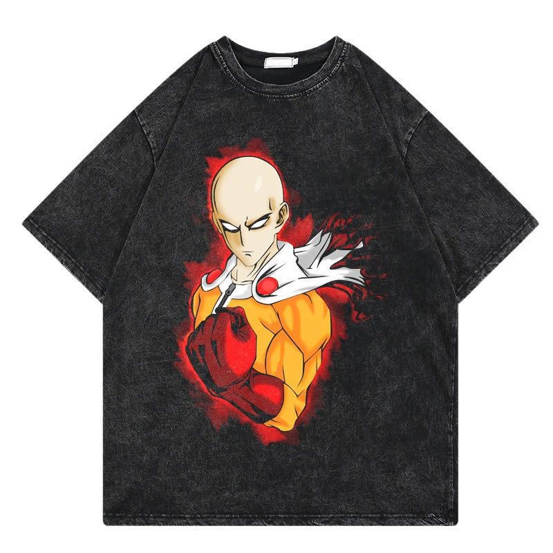 One Punch Man Anime Print T-Shirt Summer Cotton Washed Vintage Short Sleeve Top