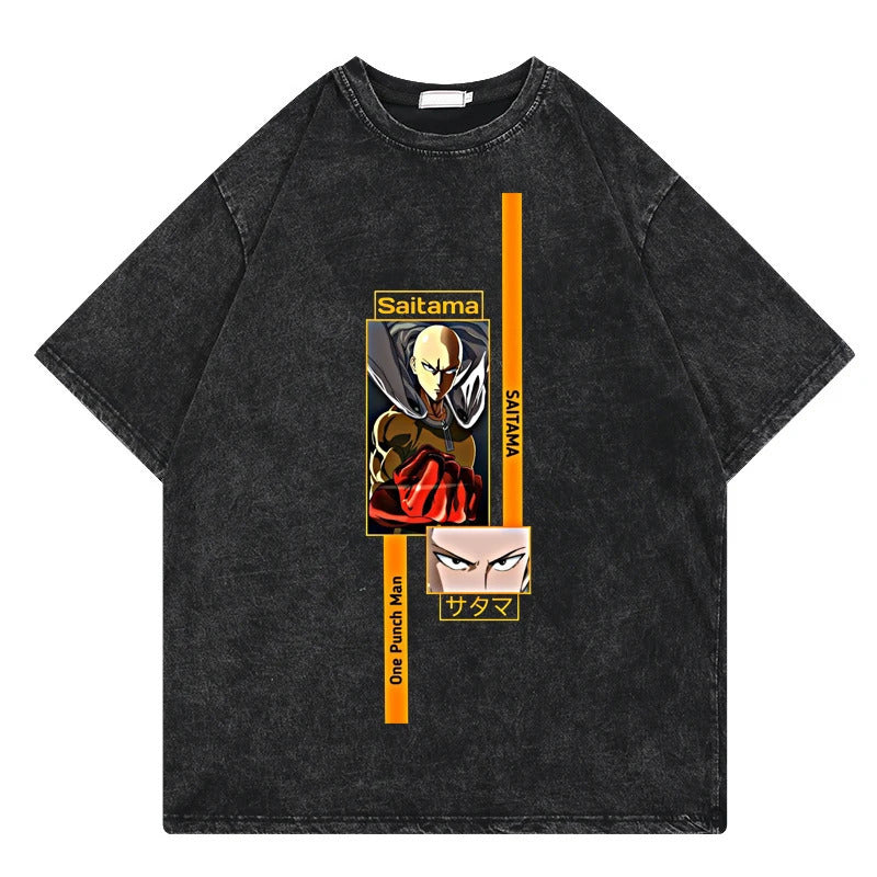 One Punch Man Anime Print T-Shirt Summer Cotton Washed Vintage Short Sleeve Top