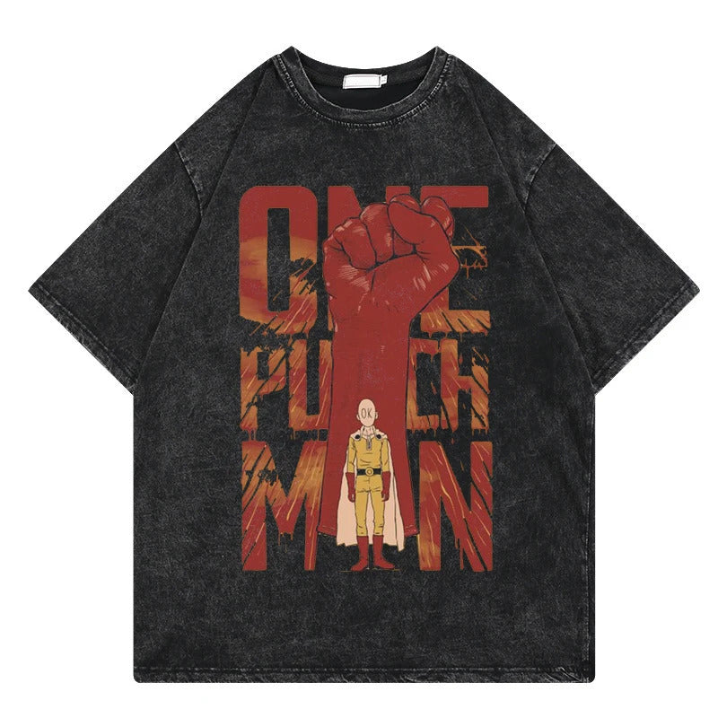 One Punch Man Anime Print T-Shirt Summer Cotton Washed Vintage Short Sleeve Top