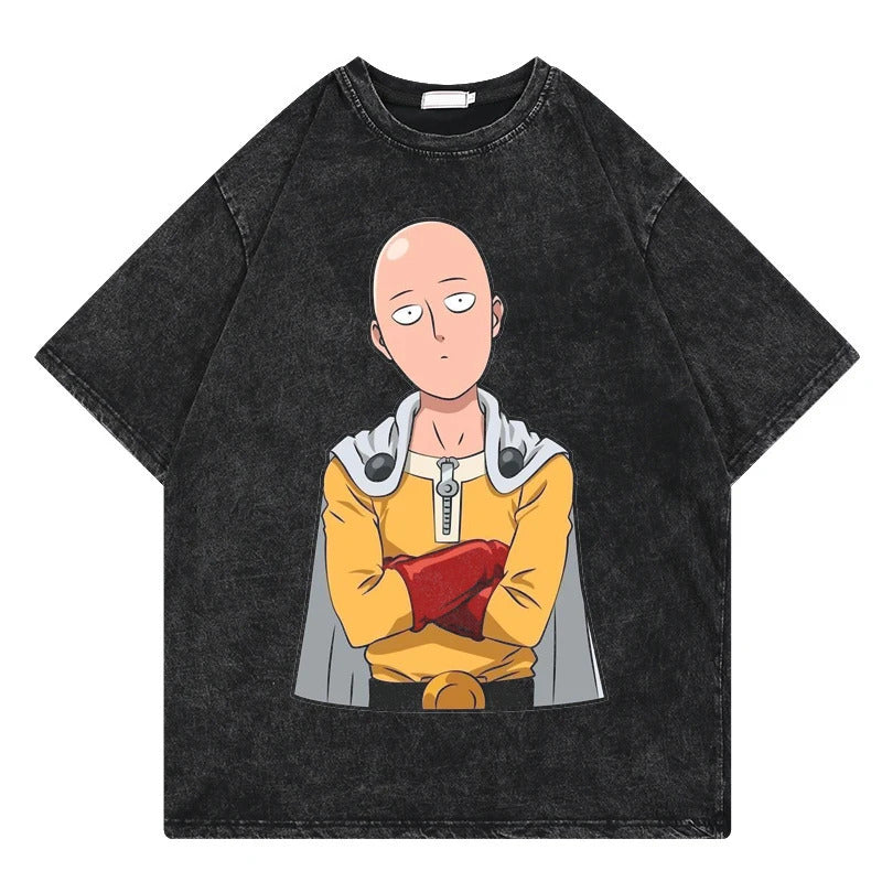 One Punch Man Anime Print T-Shirt Summer Cotton Washed Vintage Short Sleeve Top